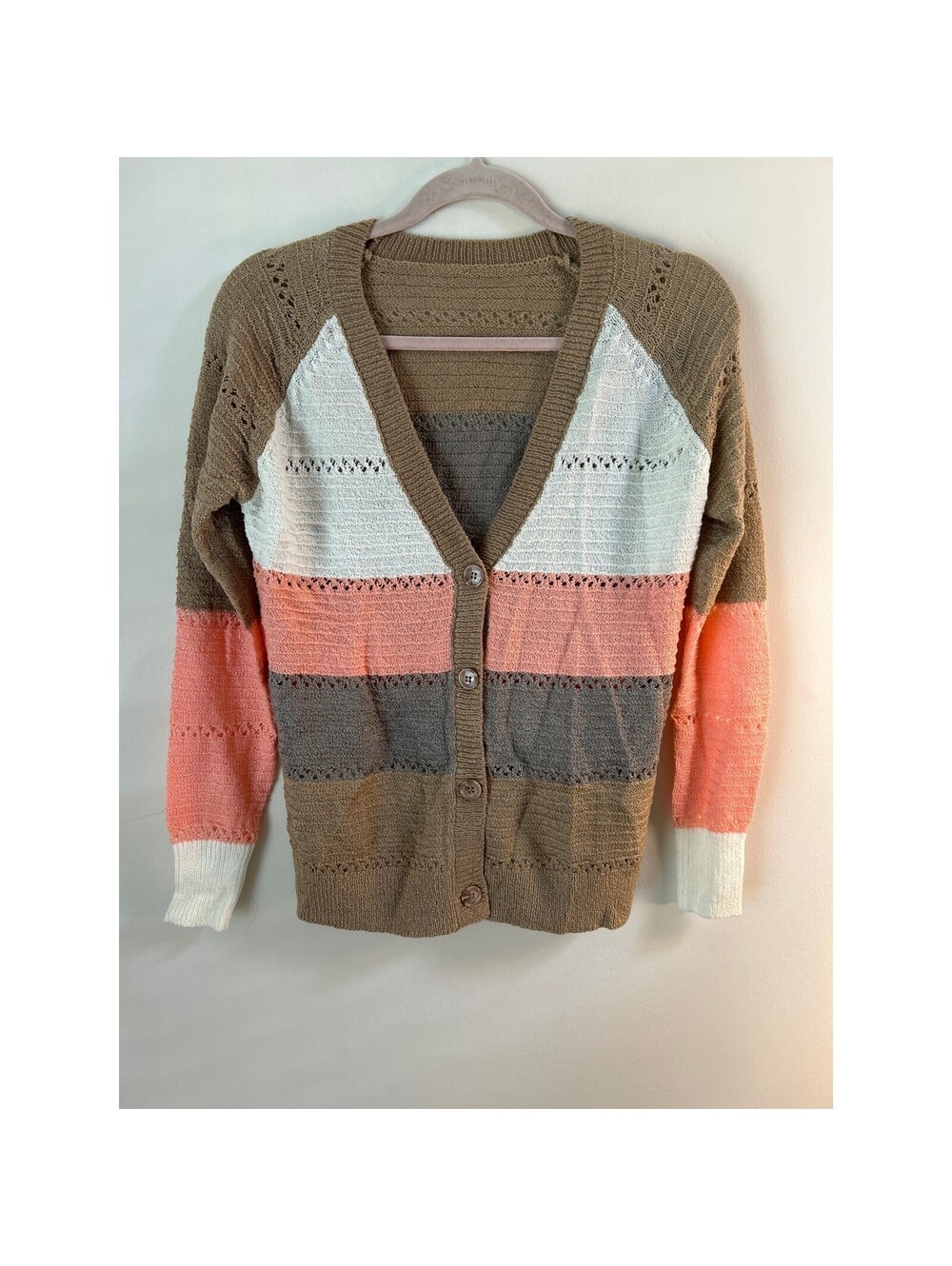 Women's Colorblock Knit Cardigan Small Tan Coral Gray Boho Button Front Sweater